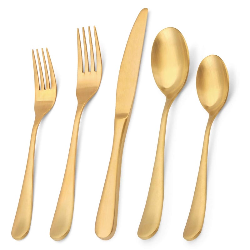 Bysta Matte Gold Silverware Set, Bysta 20-Piece Stainless Steel Flatware Set, Kitchen Utensil Set Service for 4, Tableware Cutlery Set for Home and Restaurant, Satin Finish, Dishwasher Safe - Image 1